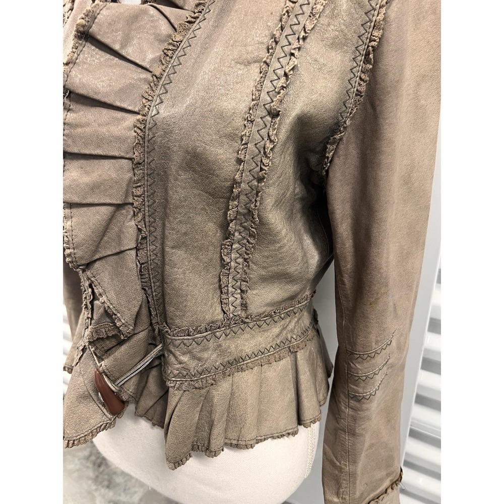 Vintage Y2K Moda International Grey Brown Genuine Leather Ruffle Jacket - Picture 12 of 16